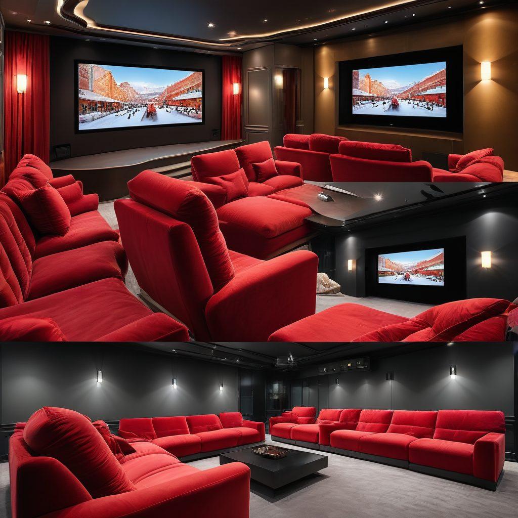 A visually contrasting scene showing a grand theater with plush red seats and a high-quality cinema screen on one side and a casual lounge with a simple TV and bean bags on the other. Both sides should be vivid and inviting, showcasing the allure of premium vs free entertainment options. super-realistic. vibrant colors. split-screen effect.