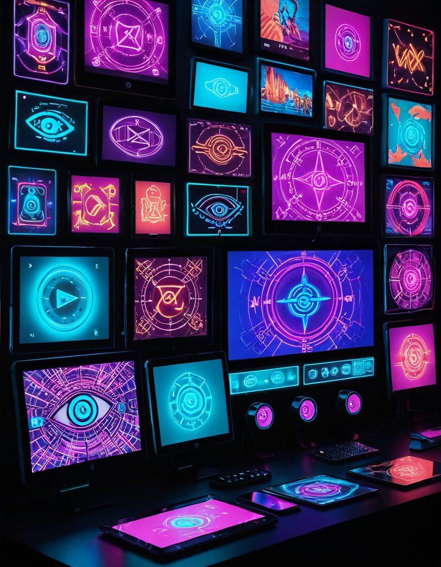 A dynamic, eye-catching montage featuring a diverse array of screens and devices displaying close-up scenes of XXX videos and adult films, with sensual and seductive themes subtly hinted through vibrant neon lights and sleek, modern design elements. Interwoven elements could include symbols like an eye, compass, and a map, symbolizing the concept of navigating the digital adult entertainment landscape. vibrant colors. sleek and modern design. provocative yet tasteful.