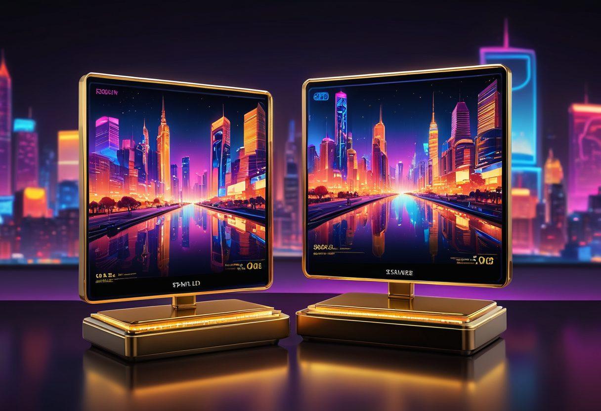 A scale balancing two screens: one displaying high-quality, premium adult content with sophisticated graphics and the other showing free, low-quality content with pixelation. In the background, a vibrant digital cityscape with neon lights. The premium screen has a golden glow, while the free screen is dim and shadowed. vector art. vibrant colors.